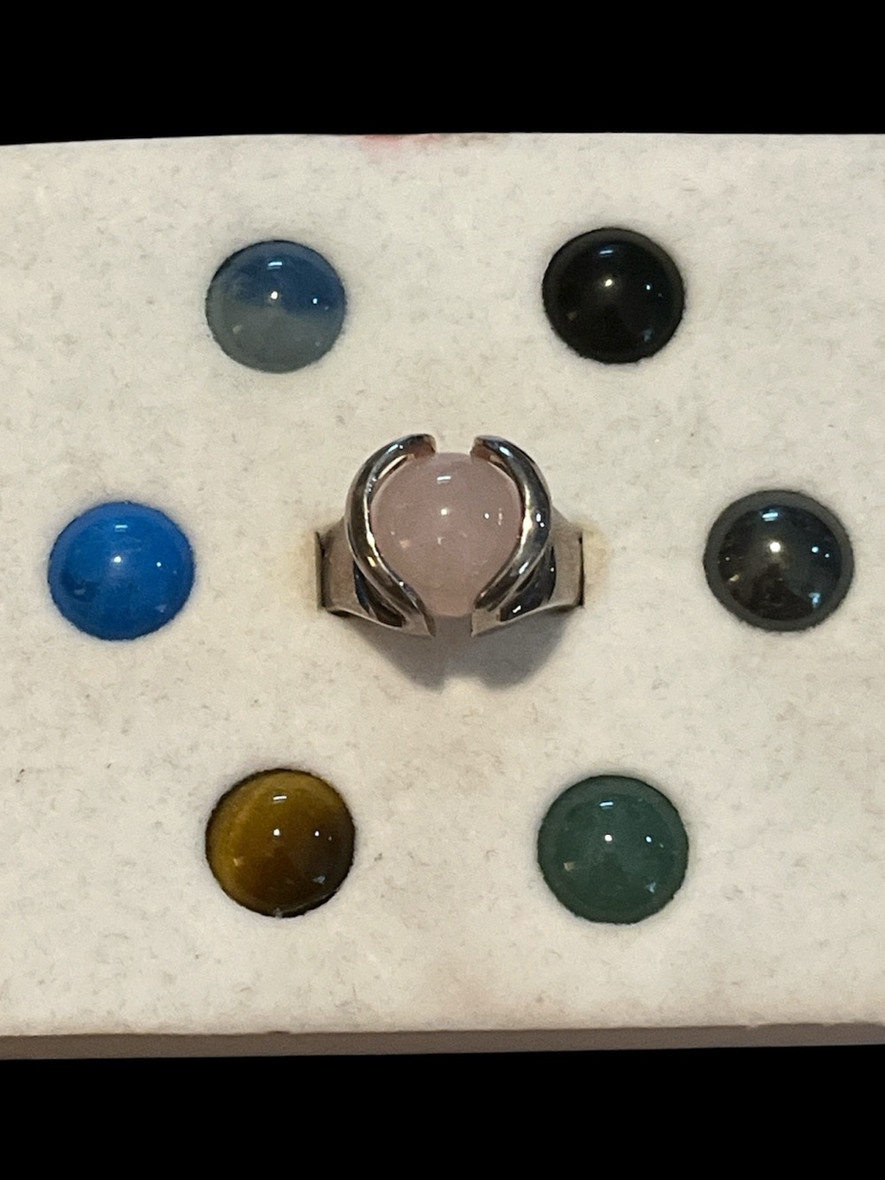 Vintage Rose Quartz and Silver Tone Interchangeable Cabochon Ring